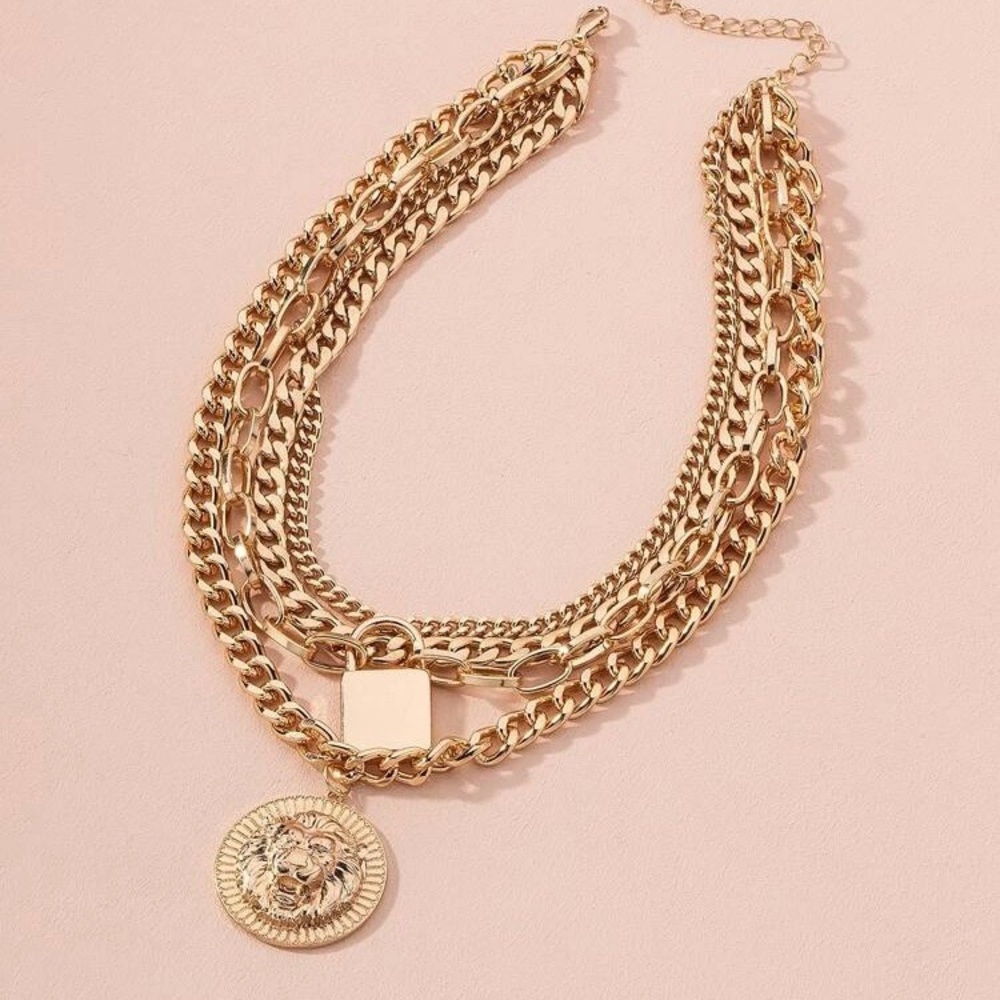 Gold Multi-Chain Lion Medallion Necklace